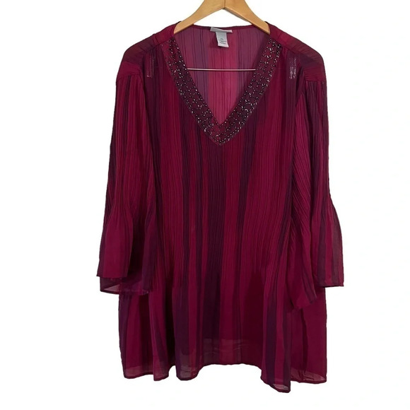Added Dimensions for Catherines Blouse 3X Beaded Accordion Pleated Cranberry Red - Picture 1 of 7